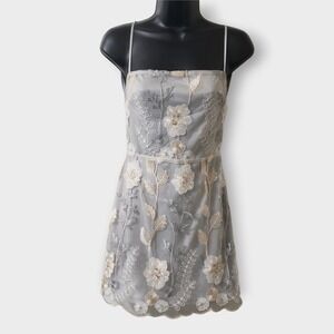 Lucy in the Sky Floral Embroidered Mesh Mini Dress Silver Grey Strappy Back S